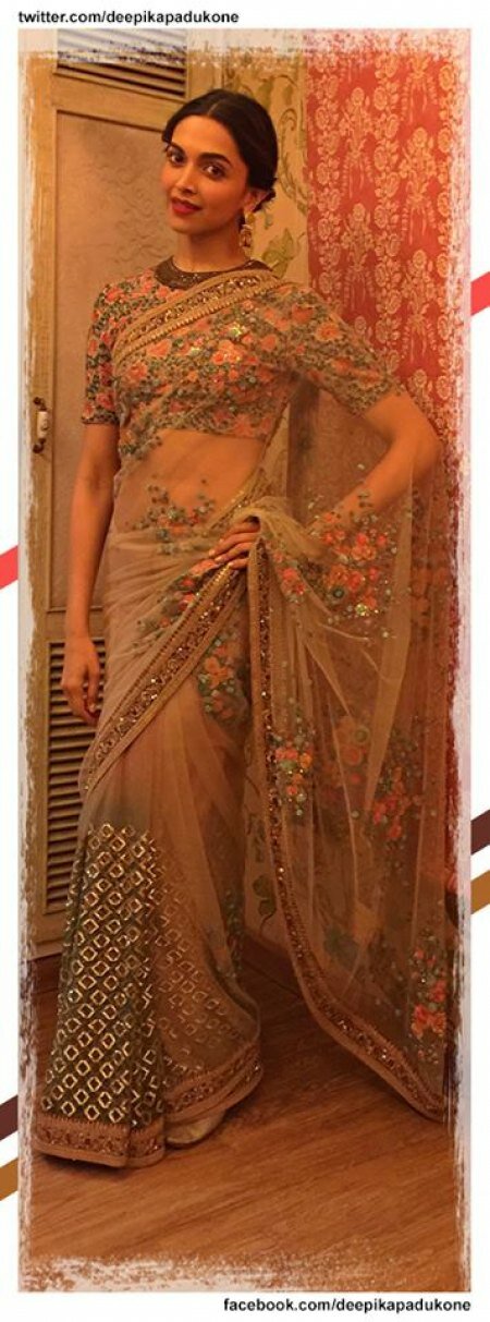 Sheer elegance - The Piku actress wowed in a nude-colour saree and printed blouse to promote Piku at Comedy Nights with Kapil