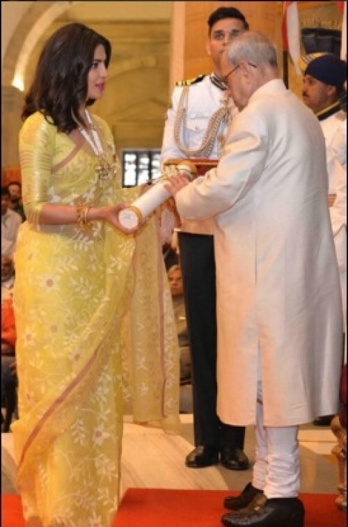 Priyanka Chopra receiving Padma Shri honour from President Pranab Mukherjee at Rashtrapati Bhavan