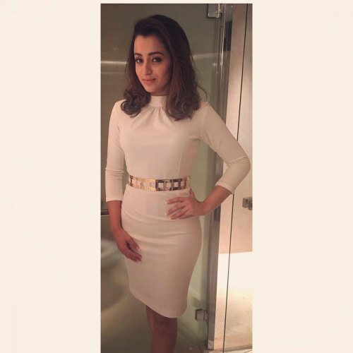 Trisha donned a white polo neck knee-length dress and teamed it with a gold belt and looked enigmatic