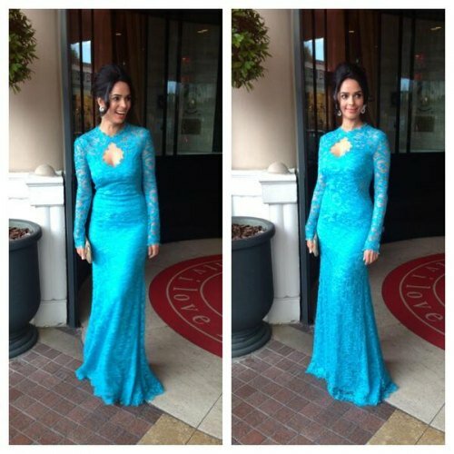 Mallika, dressed in a blue Emily Pucci gown and Bucheron diamond earrings attended the Grace of Monaco premiere at Cannes 2014