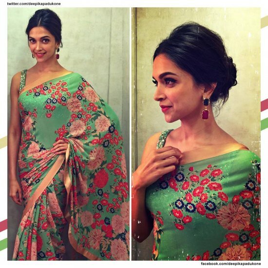 Deepika Padukone bought back vintage in a sprightly green saree with bold flower prints and boufant chic hairdo during Piku promotions