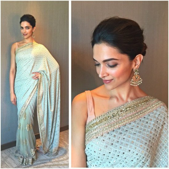 Deepika Padukone looked ethereal in this baby pink-baby blue combination embellished saree and amrapaali ear-rings to promote Bajirao Mastani in Jaipur