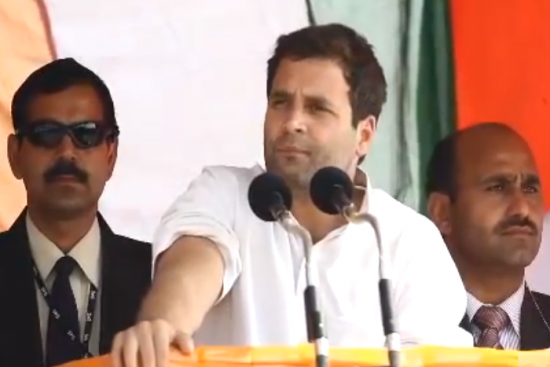 Congress's Rahul Gandhi addressing the crowd at a public rally in Agra, UP in February 2012