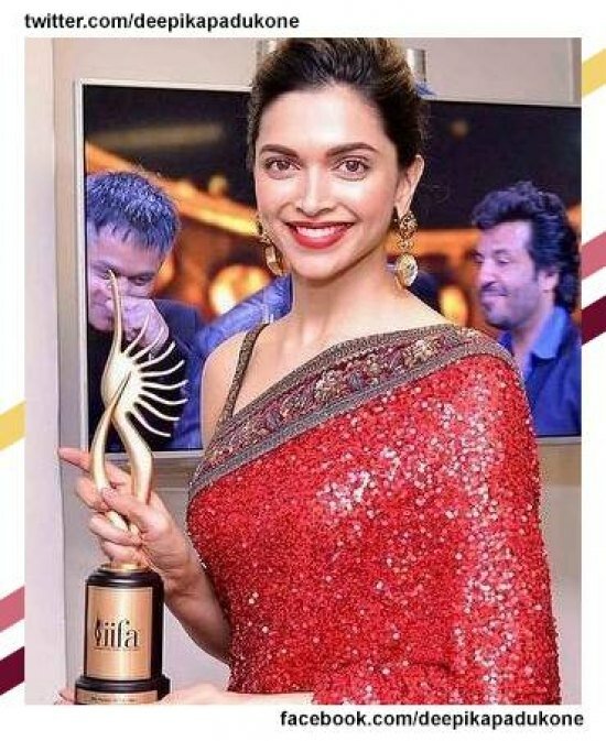 Lady in red - Deepika attended the IIFA 2015 event in a deep-red glittering saree to collect the Woman of the Year award