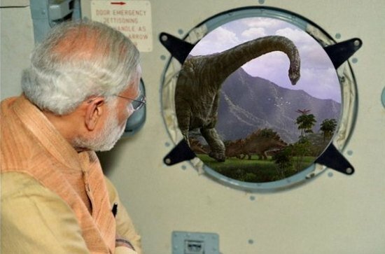 Mocked image of Modi showing him travelling past in time to see dinasaurs!