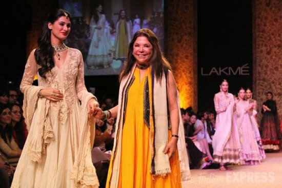 Ritu Kumar [right] joins Nargis Fakhri on the ramp at Lakme Fashion Week 2013