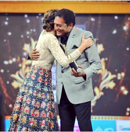 Trisha shared a warm embrace with Prakash Raj who she has worked with in many films